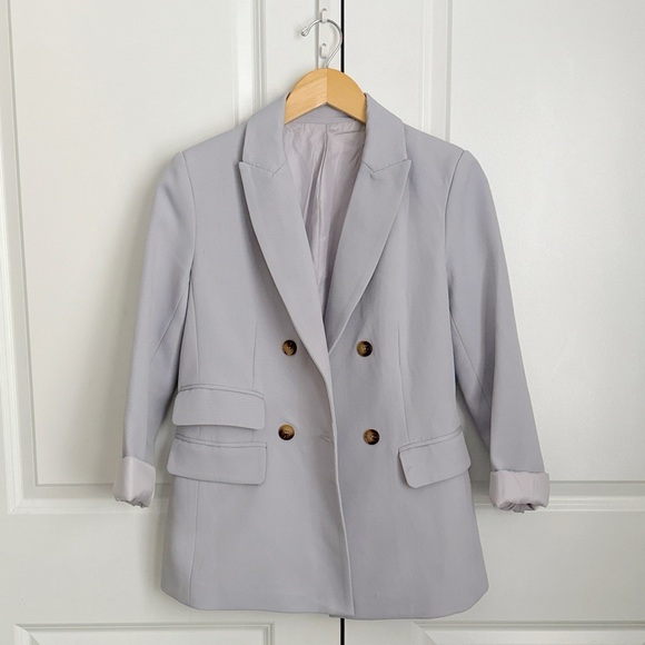 Double Breast Twill Textured Gray Blazer Work Business Office Jacket - Picture 2 of 7